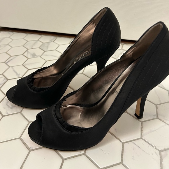 BCBG Black Satin Peep-Toe Pumps, Sz 7.5 - Picture 2 of 9
